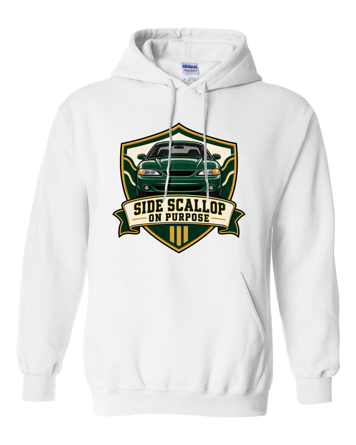 SN95 Mustang 1994-98 Varsity Crest white pull over hoodie front view with the design