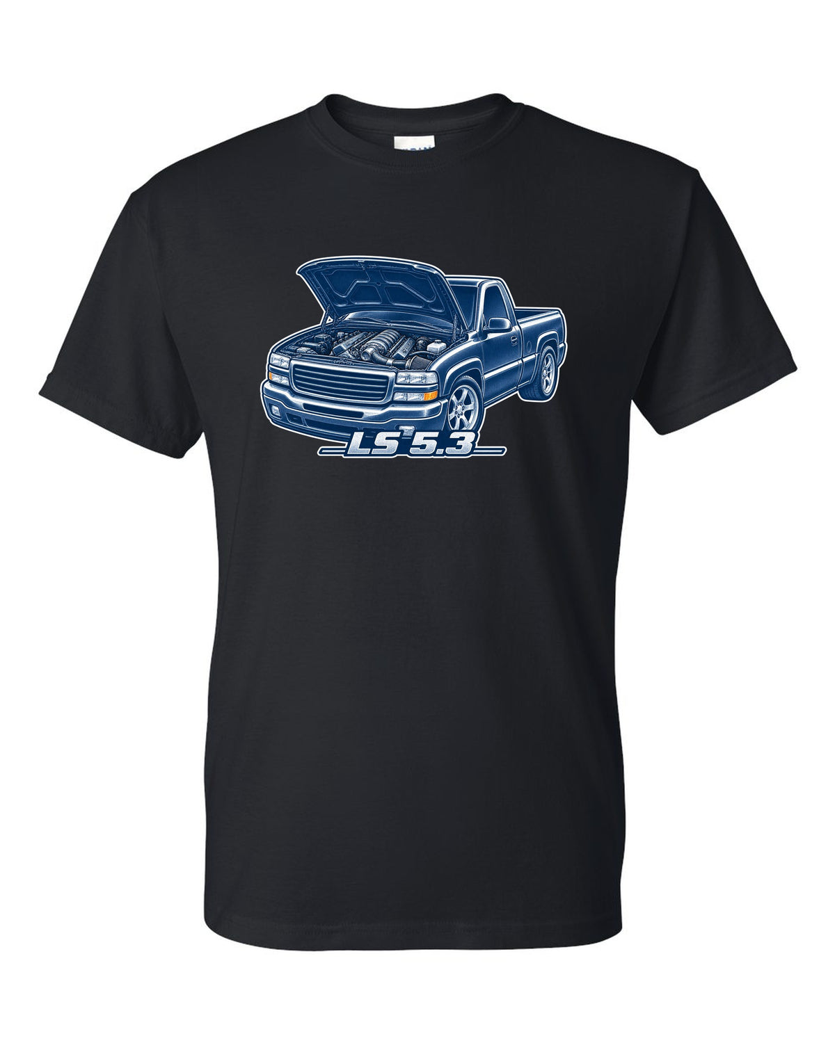 Cyanotype negative blueprint print of a 1999-2006 Chevrolet GMT800 NBS Silverado with LS 5.3 text black t-shirt front view with the design