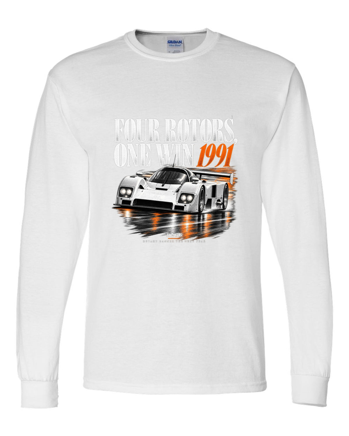 Mazda 787B four rotors editorial headline print, 1991 R26B white long sleeve front view with the design