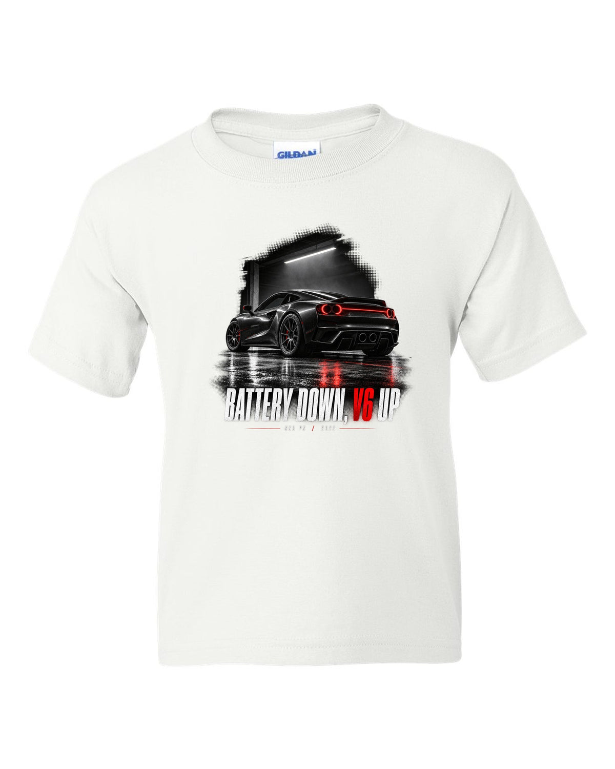 Garage night print of a Ferrari 296 GTB with the text Battery Down, V6 Up, 663 PS, 2022 white kids tee front view with the design