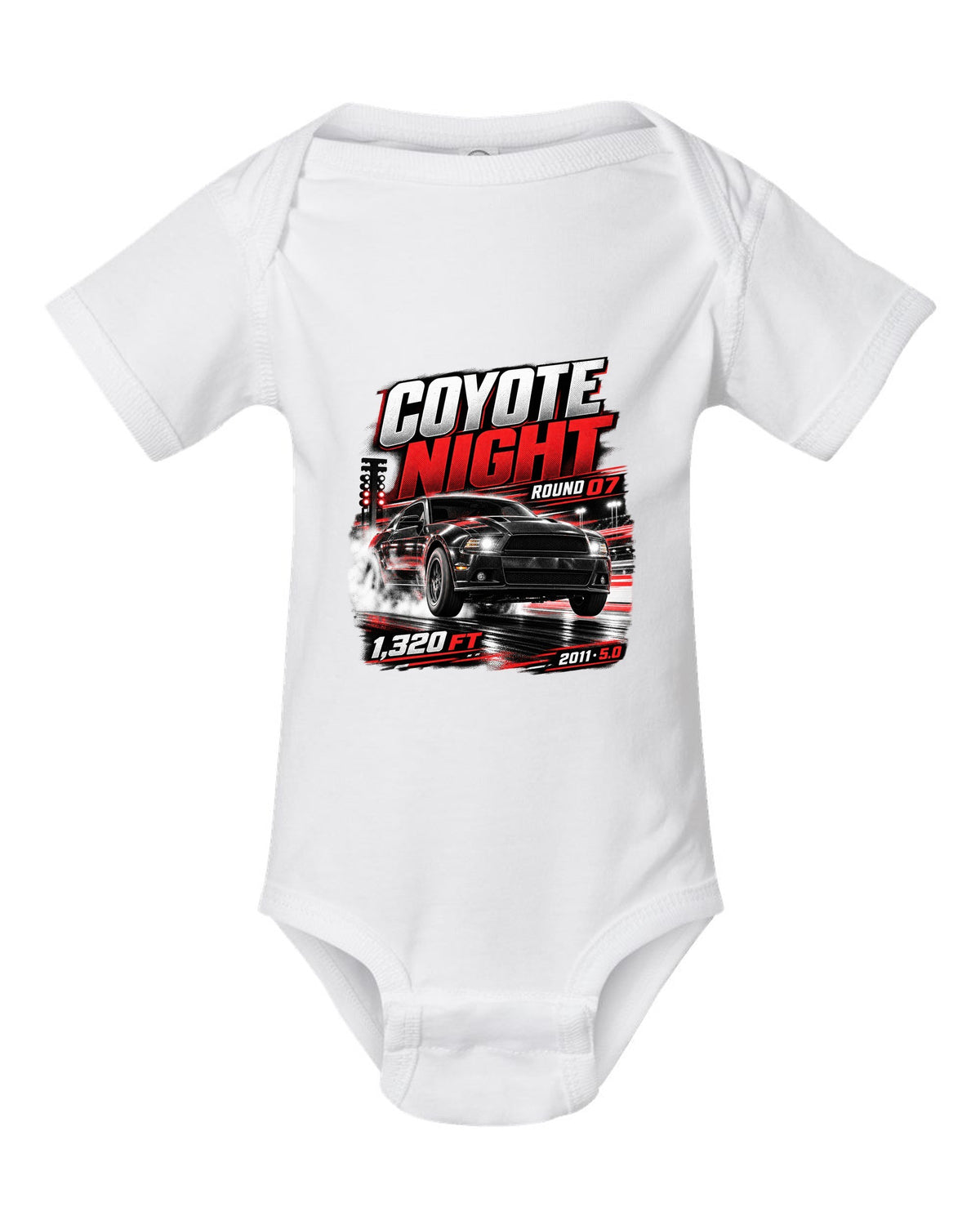 Night race poster print of a 2011 Ford Mustang S197 GT 5.0 white baby onesie front view with the design