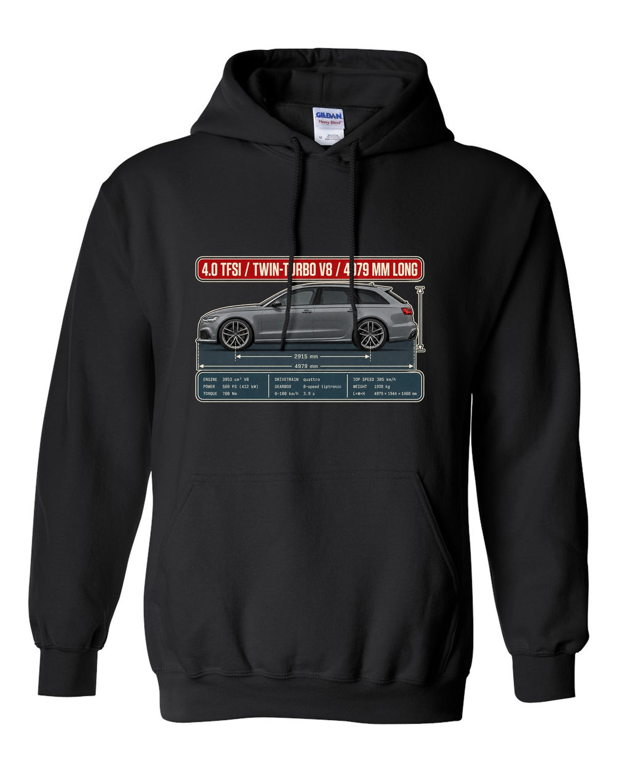 Audi RS6 Avant C7 Daytona grey dimension blueprint print black pull over hoodie front view with the design