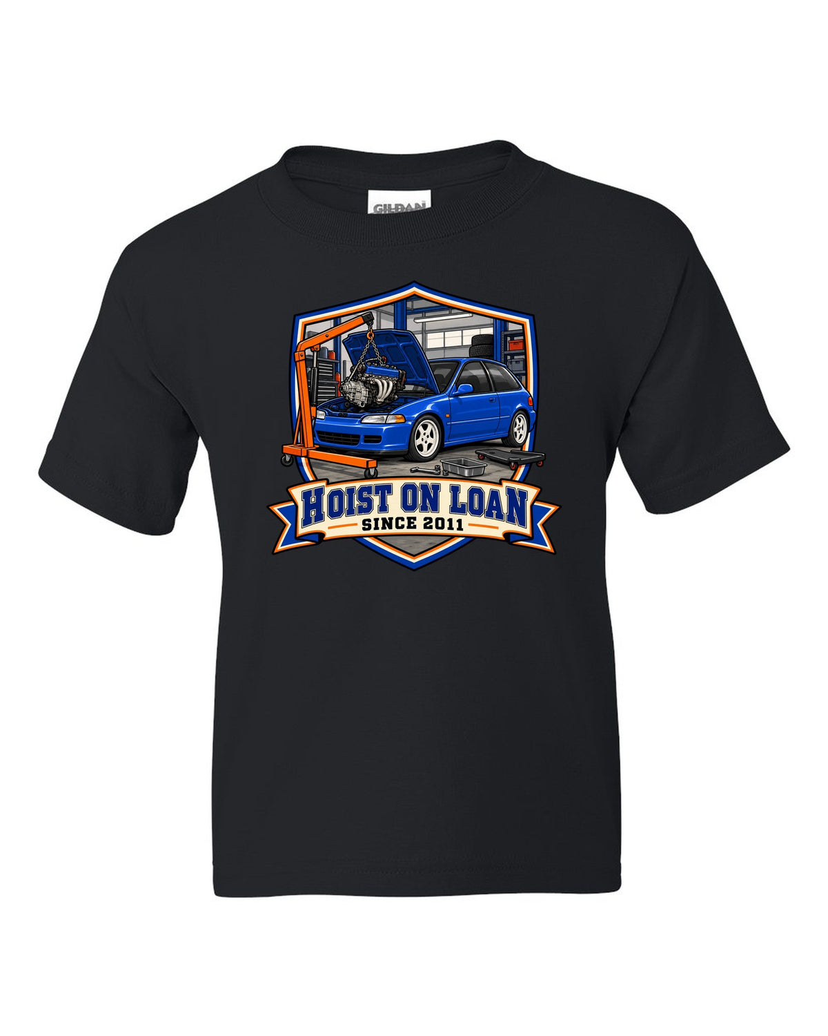 Embroidery patch style print of a 1992 Honda Civic EG6 ch with hoist on loan since 2011 text black kids tee front view with the design