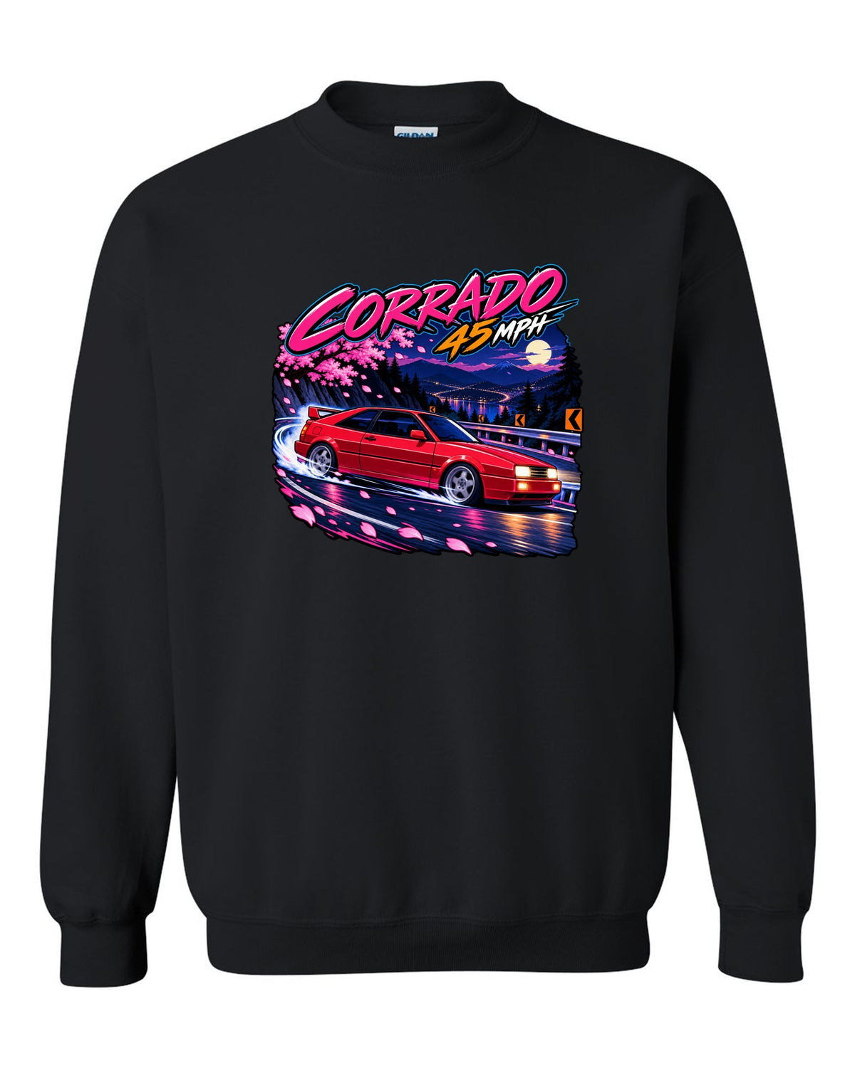 Cel-shaded anime night touge hairpin scene of a VW Corrado VR6 with Corrado 45 mph text black crewneck front view with the design