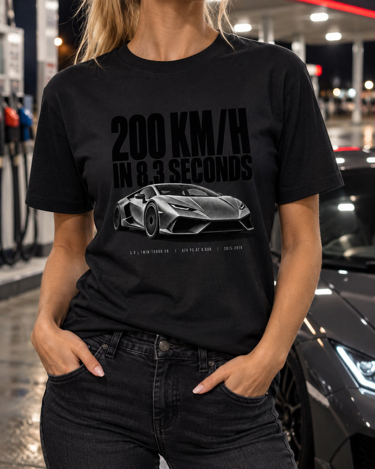 Ferrari 488 GTB 200 km/h in 8.3 Seconds Halftone Tee T-Shirt Black worn hero