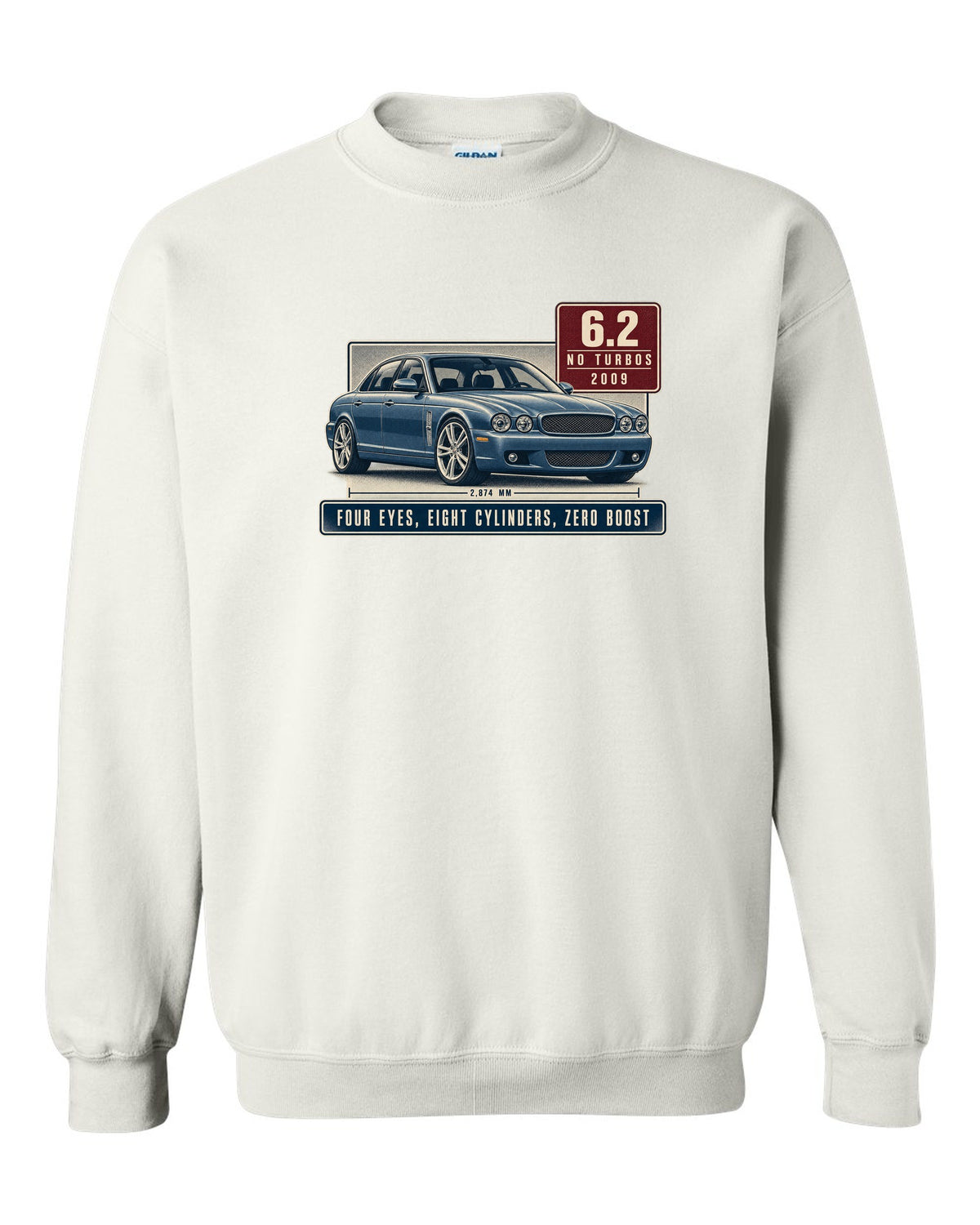Editorial headline print of a silver-blue Mercedes-AMG E63 W212 pre-facelift white crewneck front view with the design