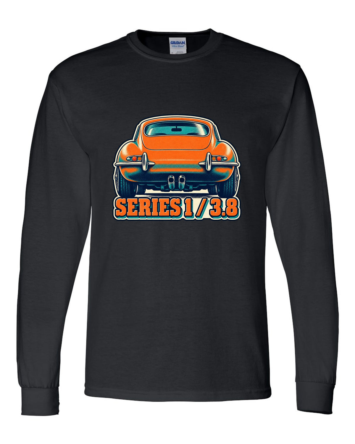 Risograph-style print of a Jaguar E-Type Series 1 taillight with Series 1 and 3.8 lettering black long sleeve front view with the design