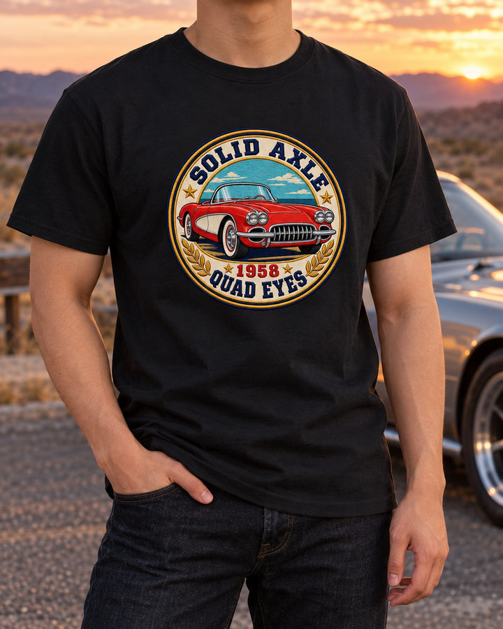 1958 Corvette C1 Varsity Crest Shirt, Solid Axle Quad Eyes T-Shirt Black worn hero