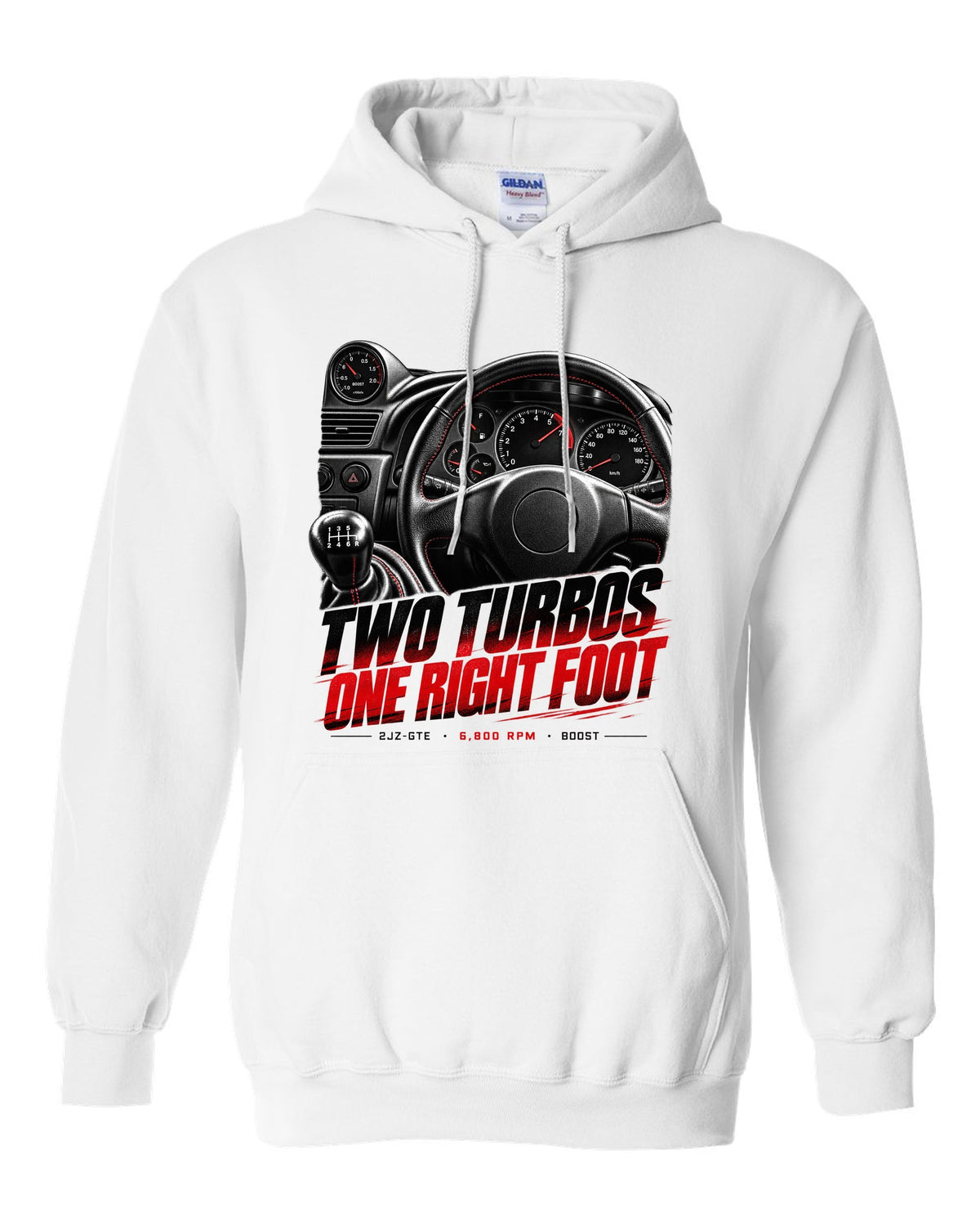 Cockpit and gauge print of a Toyota Supra A80 JZA80 with 6,800 redline white pull over hoodie front view with the design