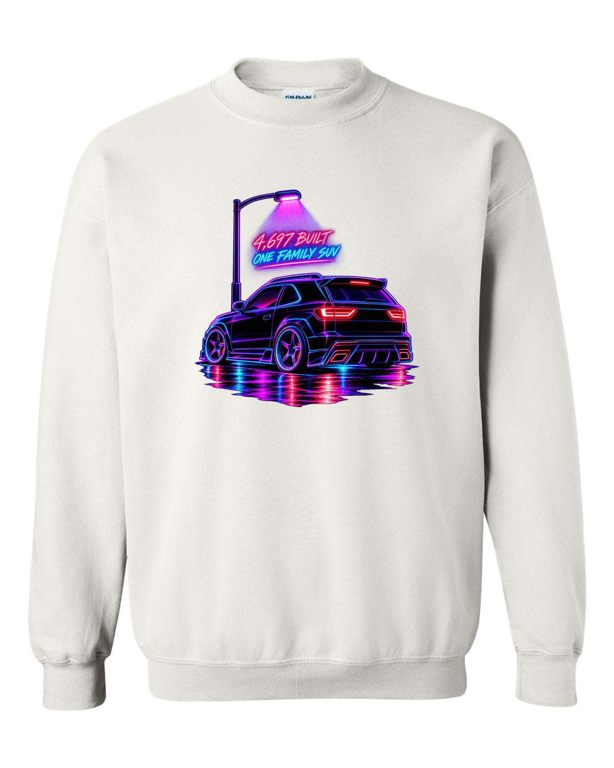 Neon synthwave line art print of a 1992-93 GMC Typhoon taillight with 4,697 built lettering white crewneck front view with the design