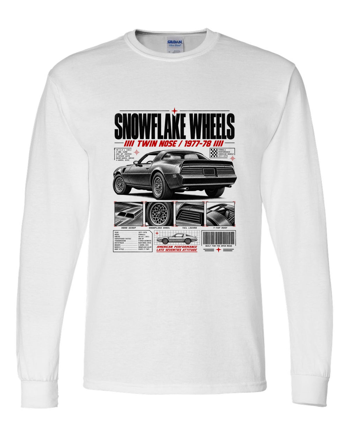 print dossier panels of a 1978 Pontiac Firebird Formula with snowflake wheels white long sleeve front view with the design