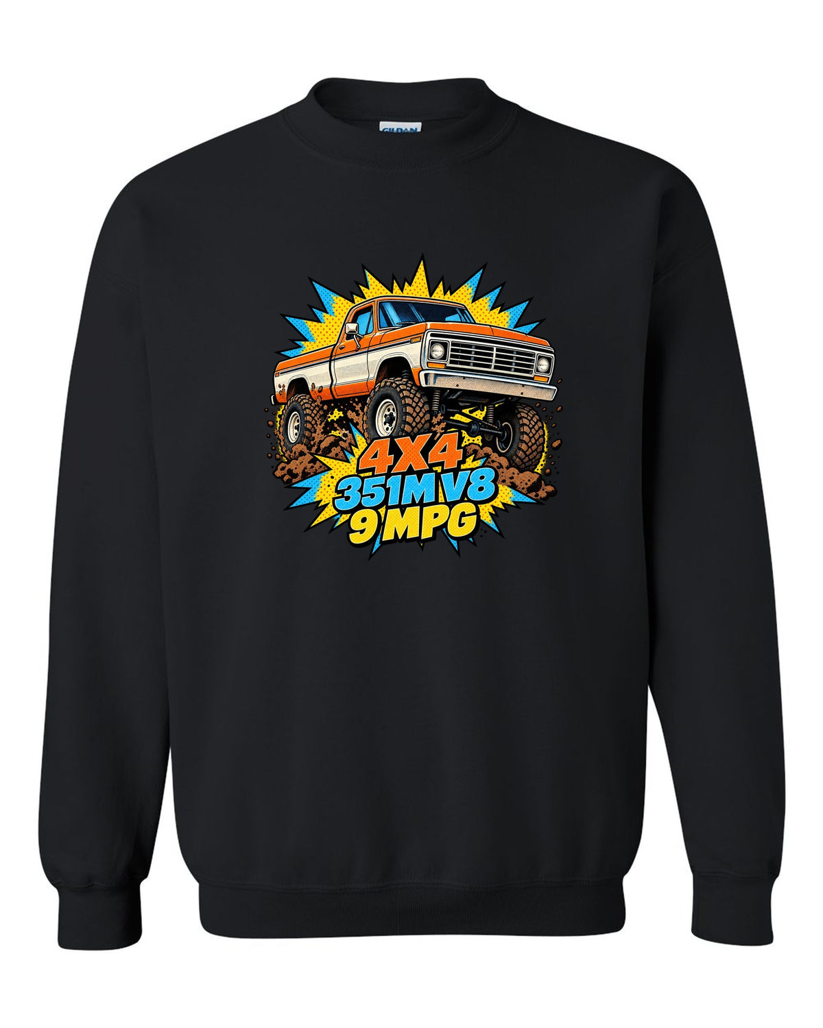 Dent-Side Ford F-150 Comic Halftone Pop-Art Workshop Tee black crewneck front view with the design