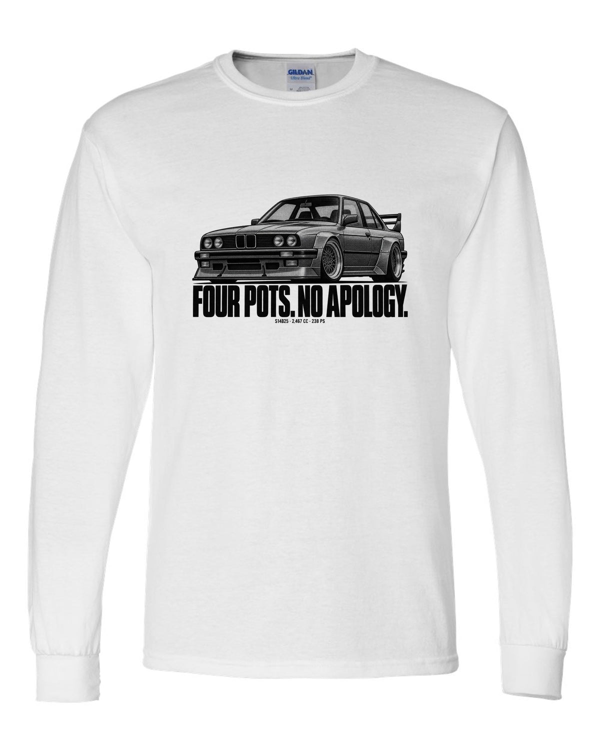 BMW E30 M3 Sport Evo halftone print with S14B25 2,467 cc and 238 PS text white long sleeve front view with the design