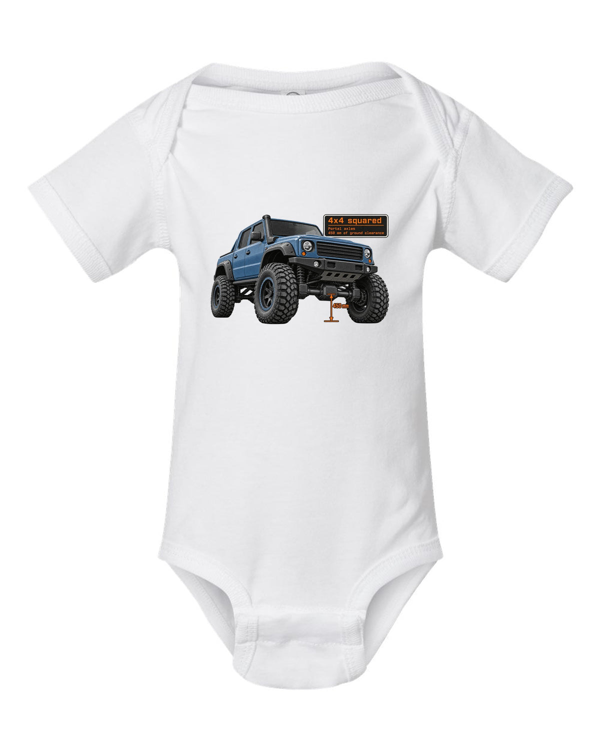 Halftone print of a Mercedes-AMG G63 4x4 squared W463 white baby onesie front view with the design