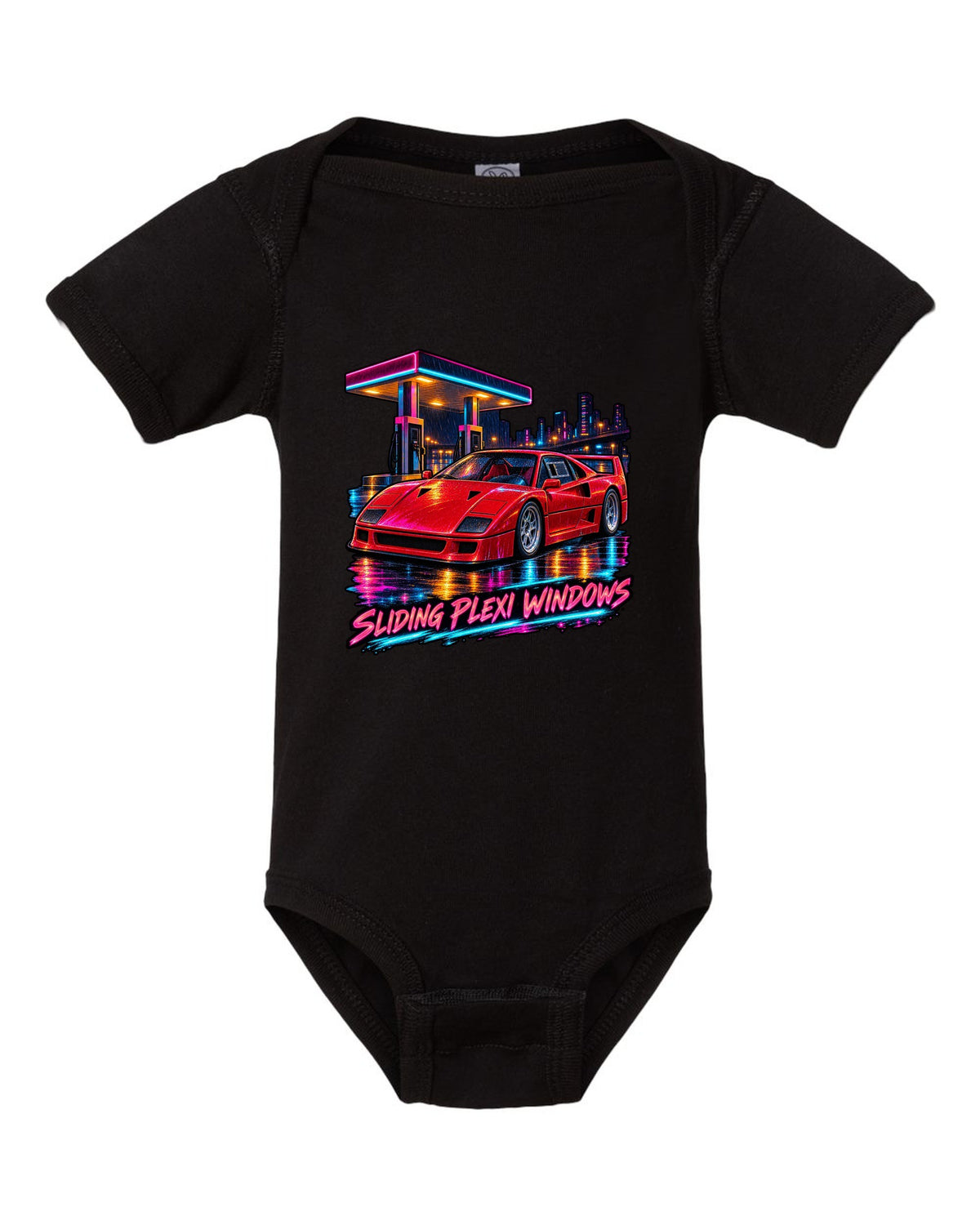 Neon night-city gouache print of a 1987 Ferrari F40 F120 with sliding plexi windows text black baby onesie front view with the design