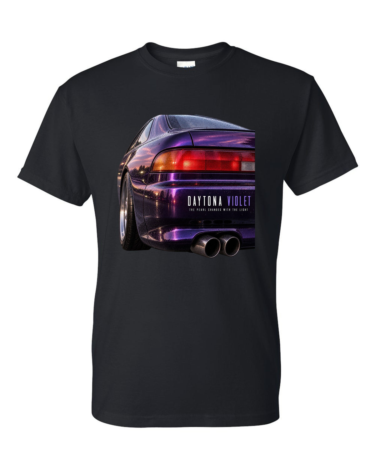 BMW E36 M3 coupe taillight macro print with Daytona Violet pearl paint text black t-shirt front view with the design