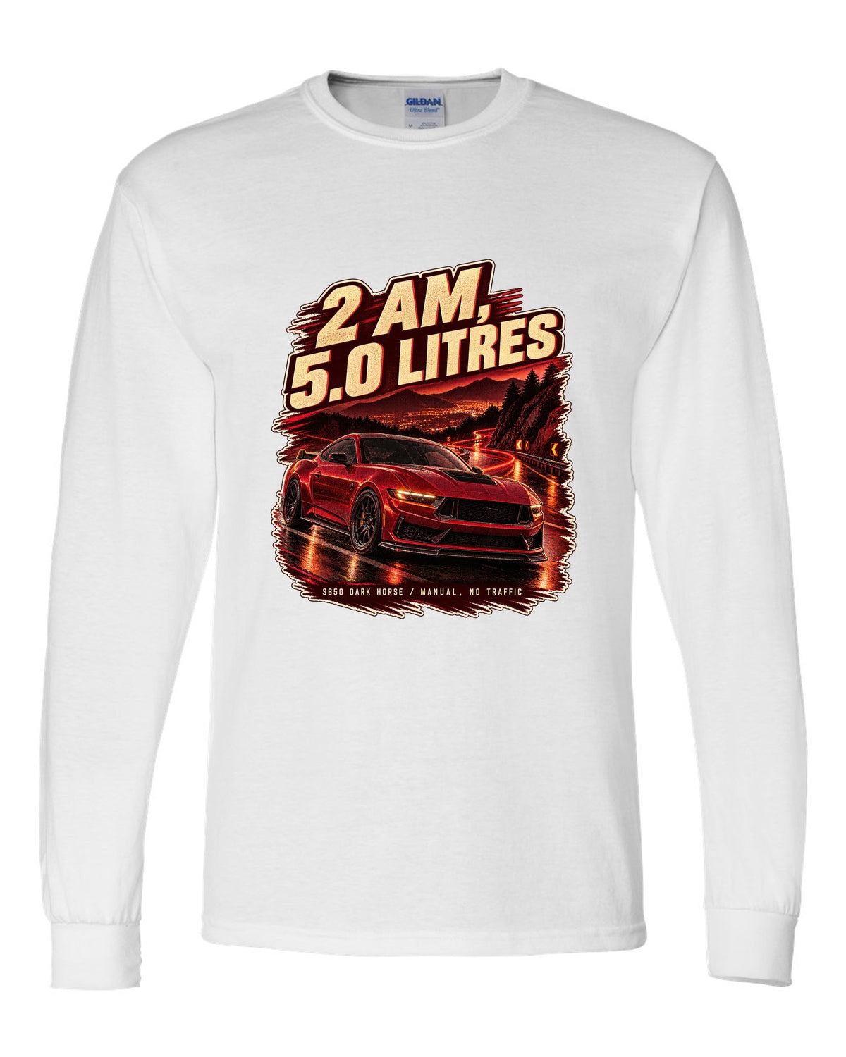 Ford Mustang S650 Dark Horse on an empty night street print white long sleeve front view with the design