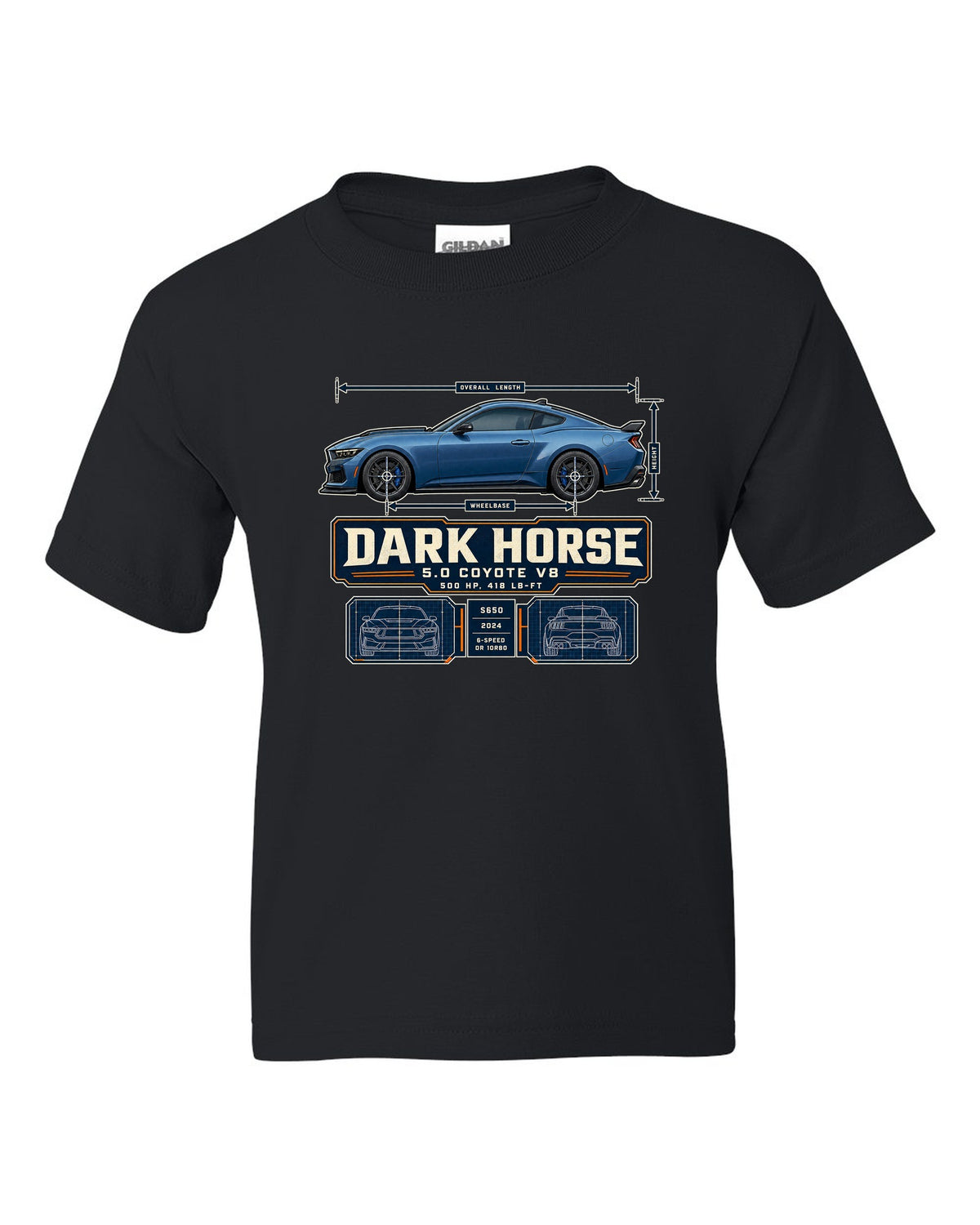 print of a Ford Mustang S650 Dark Horse dimension blueprint with 5.0 Coyote V8 and 500 HP text black kids tee front view with the design