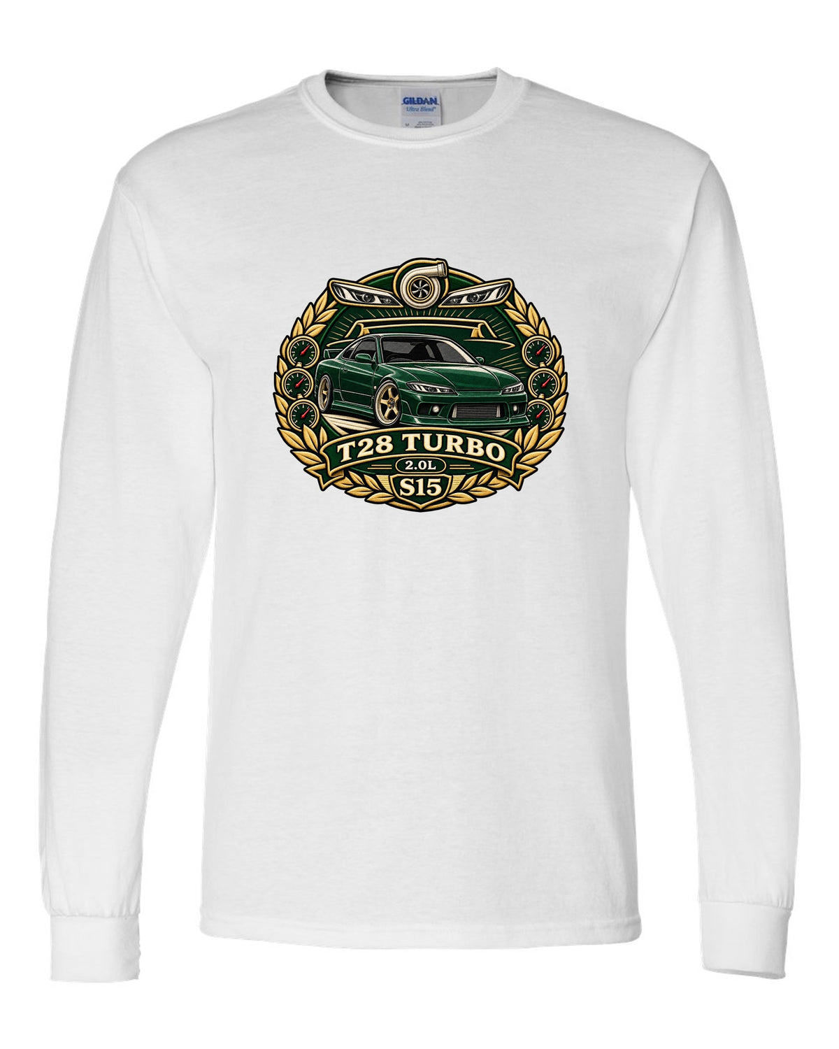 Round crest print for the Nissan Silvia S15 with turbo 2.0L engine lettering white long sleeve front view with the design