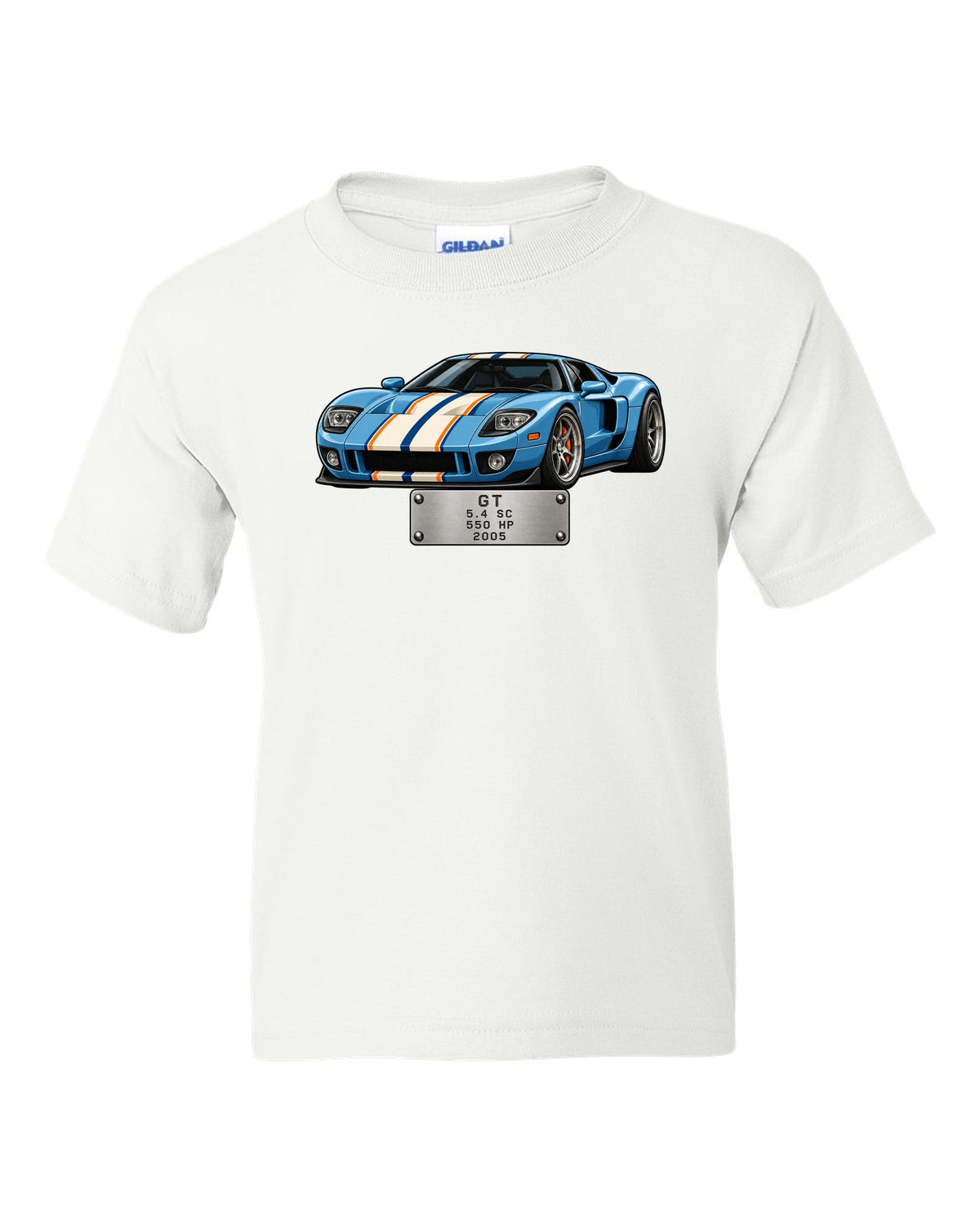Spec-sheet data plate print for the 2005 Ford GT showing 5.4 SC, 550 HP white kids tee front view with the design