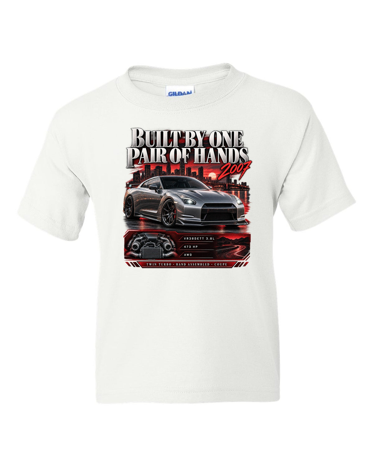 Archive panel of a Nissan GT-R R35 with VR38DETT 3.8L, 473 hp and hand assembled lettering white kids tee front view with the design