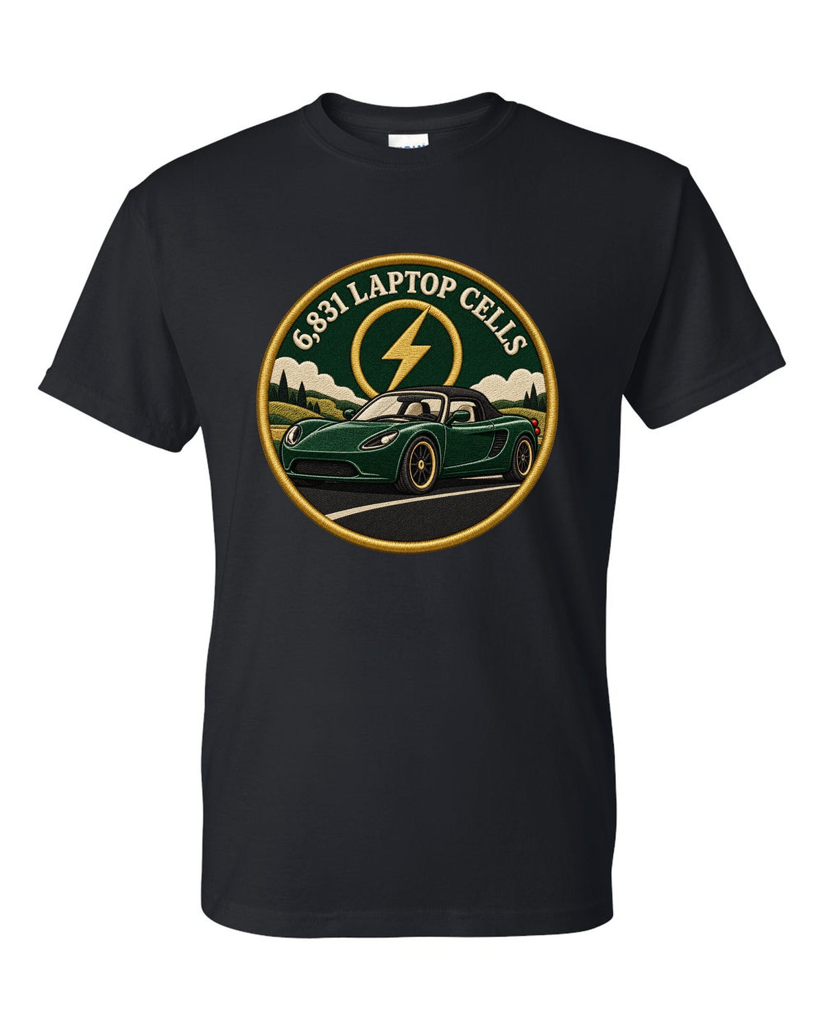 Round crest print of a Tesla Roadster Gen 1 reading 6,831 Laptop Cells black t-shirt front view with the design