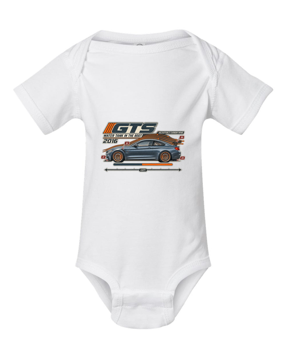 BMW M4 GTS F82 aero cutaway with callouts print white baby onesie front view with the design