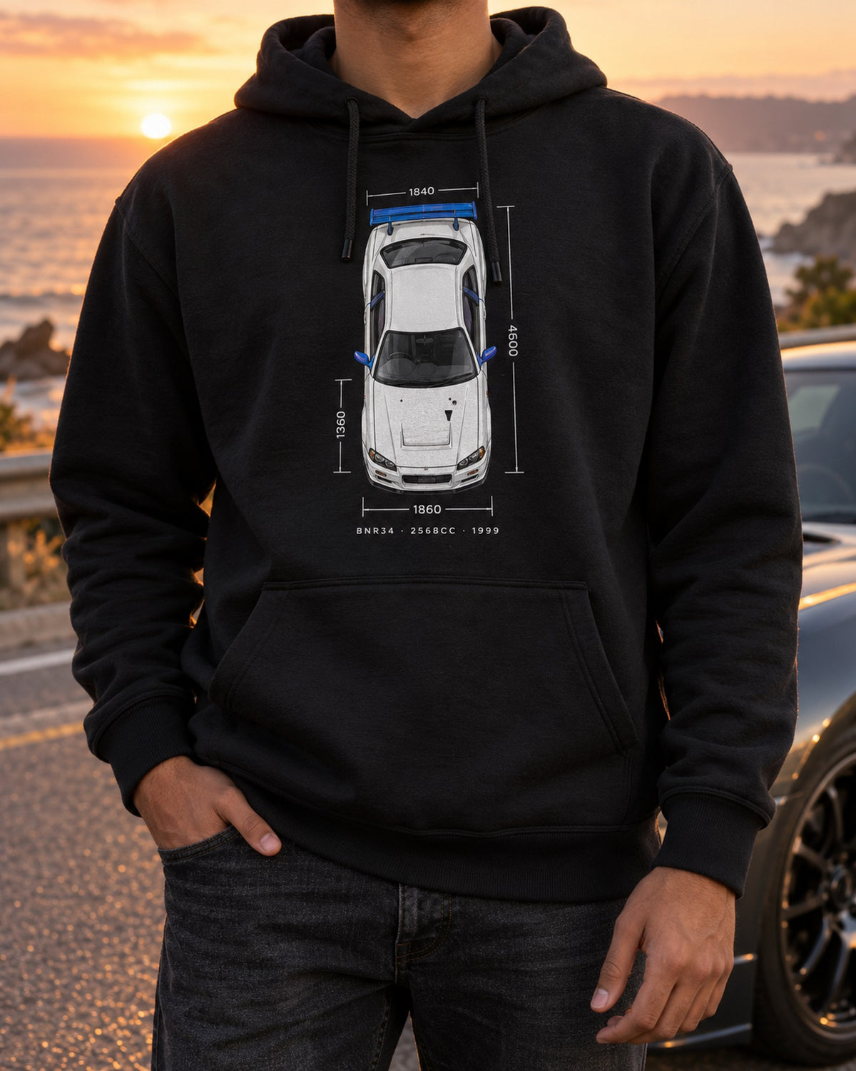R34 GT-R BNR34 Spec Sheet Data Plate print Shirt Pull Over Hoodie Black worn hero