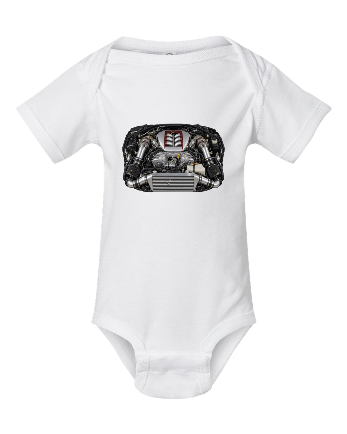 Nissan GT-R R35 early VR38DETT engine poster-style drawing white baby onesie front view with the design