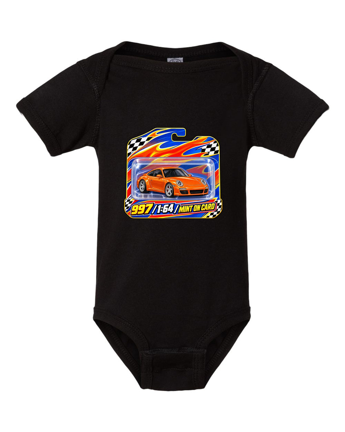 Sticker-bomb collage print of a Porsche 911 996 Carrera with the text 996 IMS never heard of it black baby onesie front view with the design