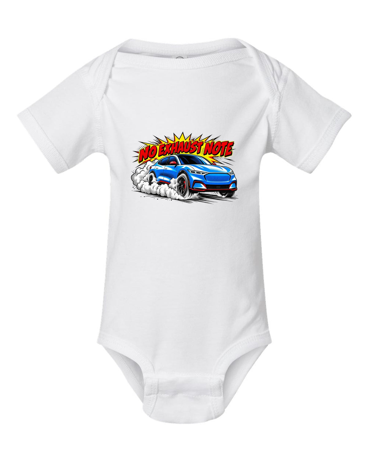 Comic halftone pop-art print of a 2020 Mustang Mach-E CX727 burnout reading No Exhaust Note white baby onesie front view with the design