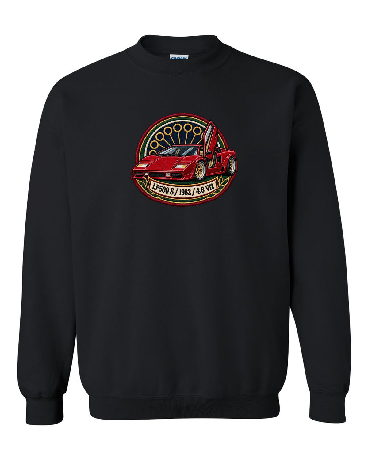 Varsity embroidery crest for a 1982 Lamborghini Countach LP500 S with 4.8 V12 lettering black crewneck front view with the design