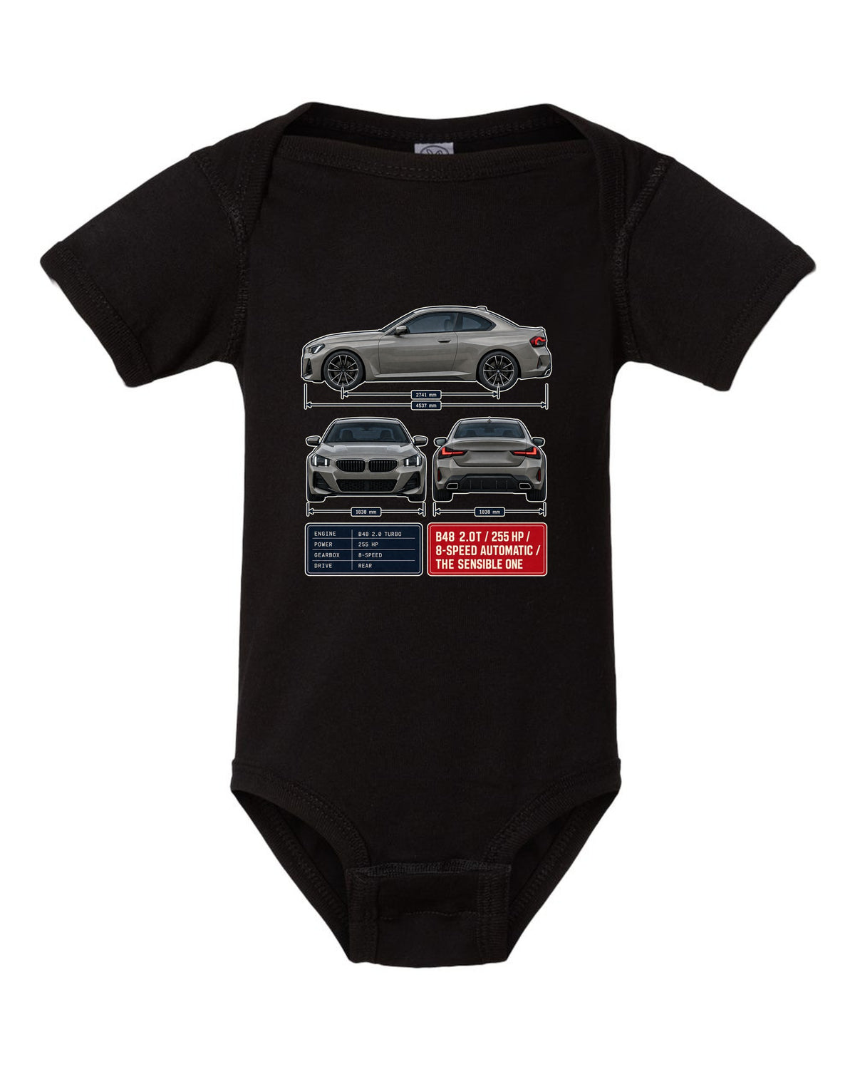 BMW 230i G42 coupe three-view drawing with spec table print black baby onesie front view with the design