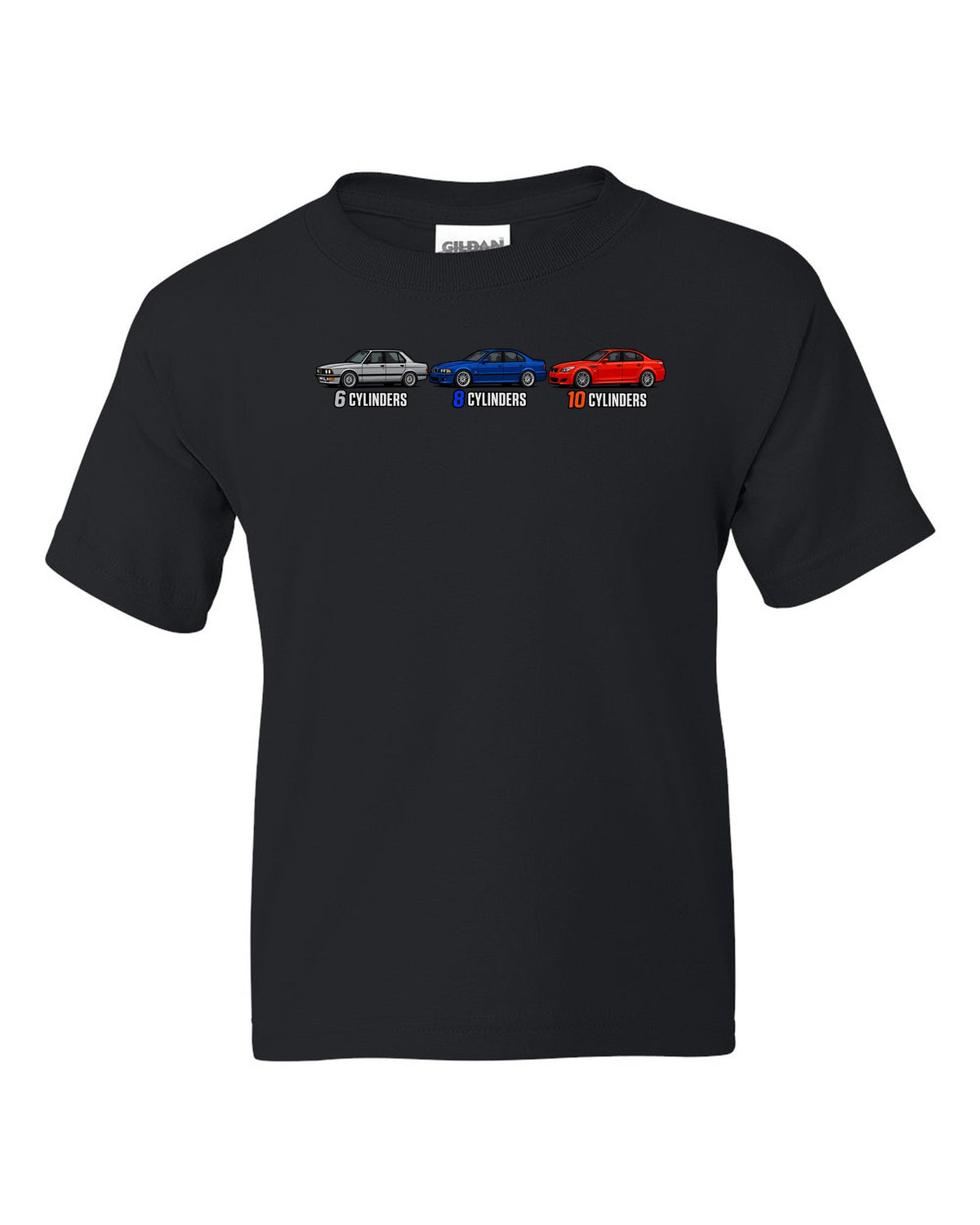 Generation lineup print of the BMW M5 E28, E39 and E60 with 6, 8 and 10 cylinders text black kids tee front view with the design