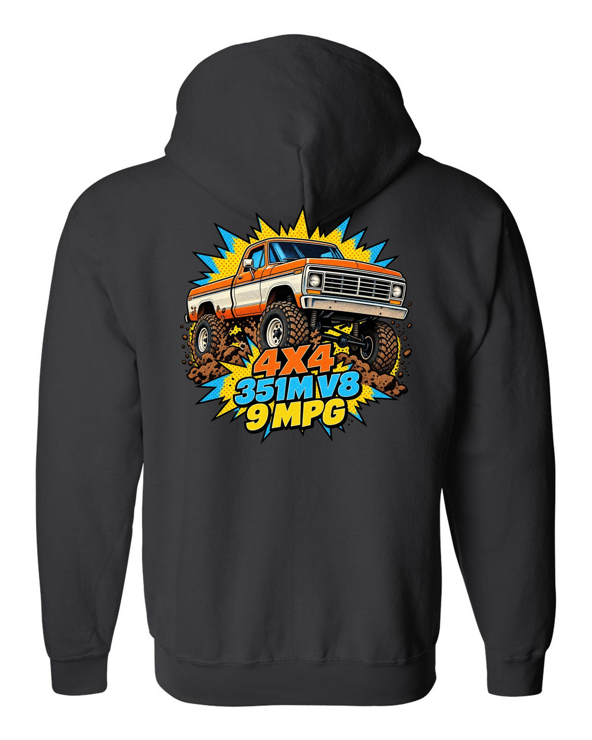 Dent-Side Ford F-150 Comic Halftone Pop-Art Workshop Tee black zip hoodie back view with the design