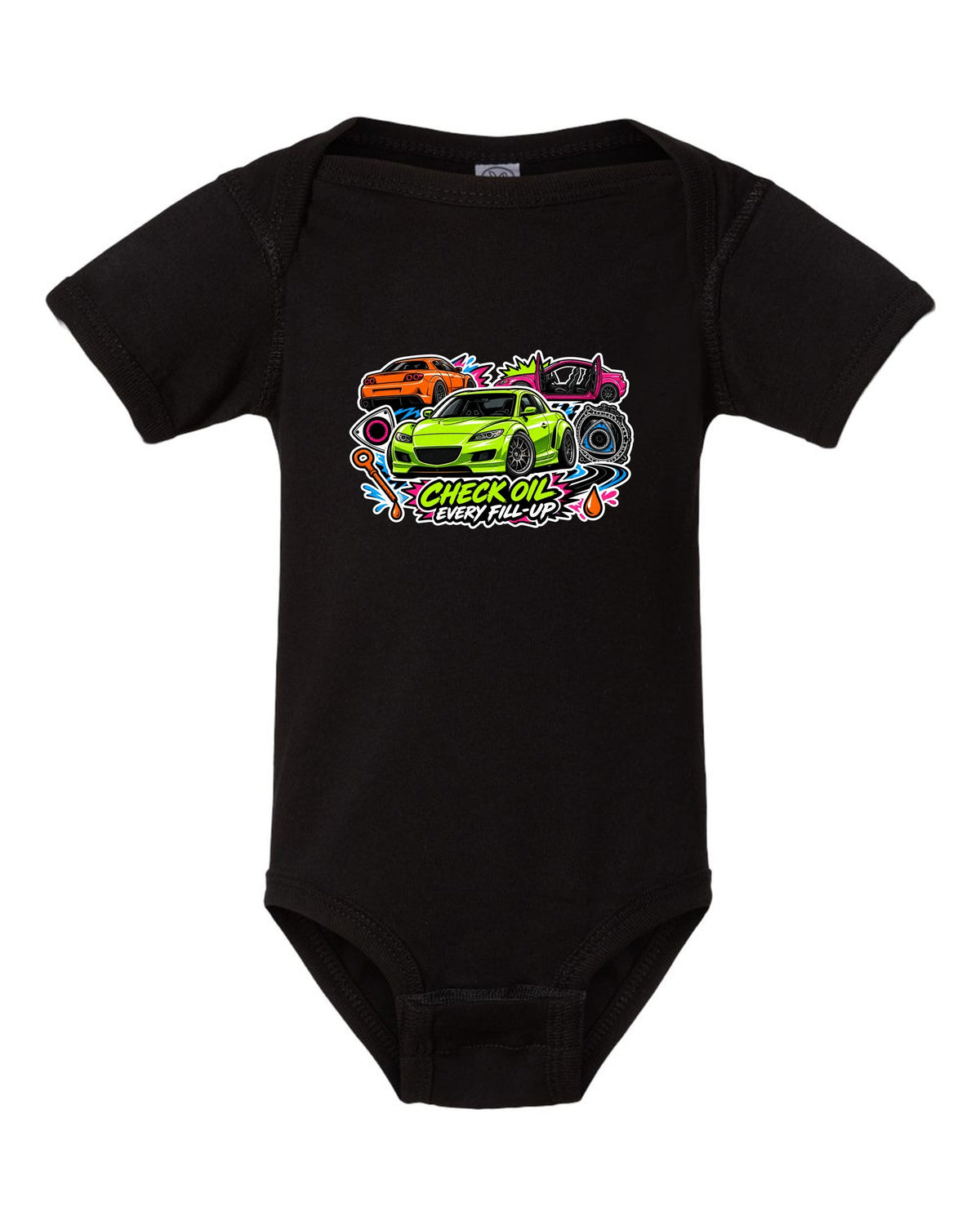 Retro synthwave sunset grid design for the Mazda RX-8 Renesis with 15 MPG ON A GOOD DAY lettering black baby onesie front view with the design