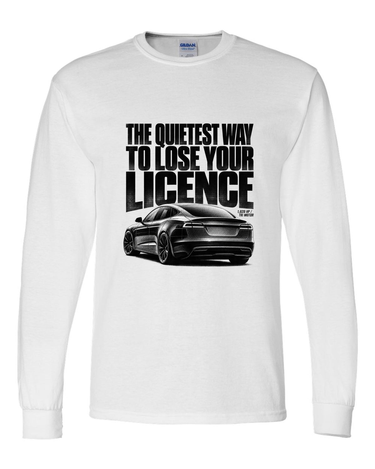 Halftone print of a Tesla Model S Plaid rear three-quarter view white long sleeve front view with the design