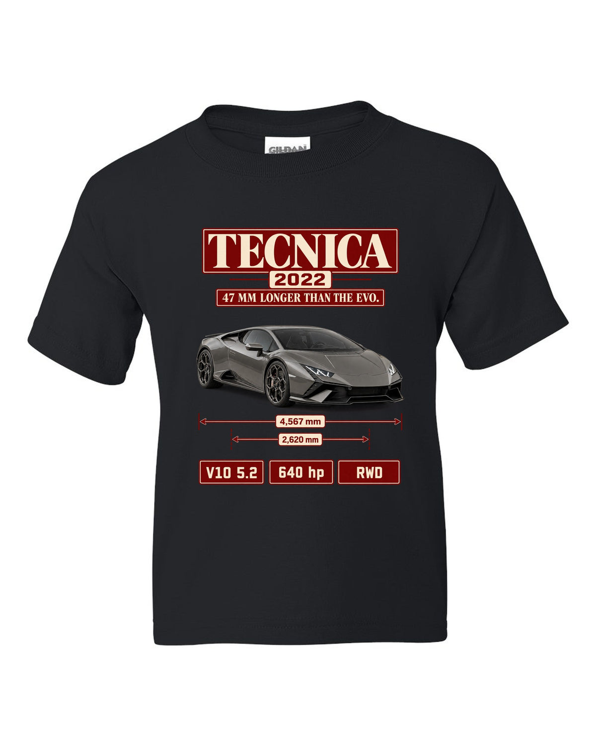 Archive panel print of the Lamborghini Huracan Tecnica black kids tee front view with the design
