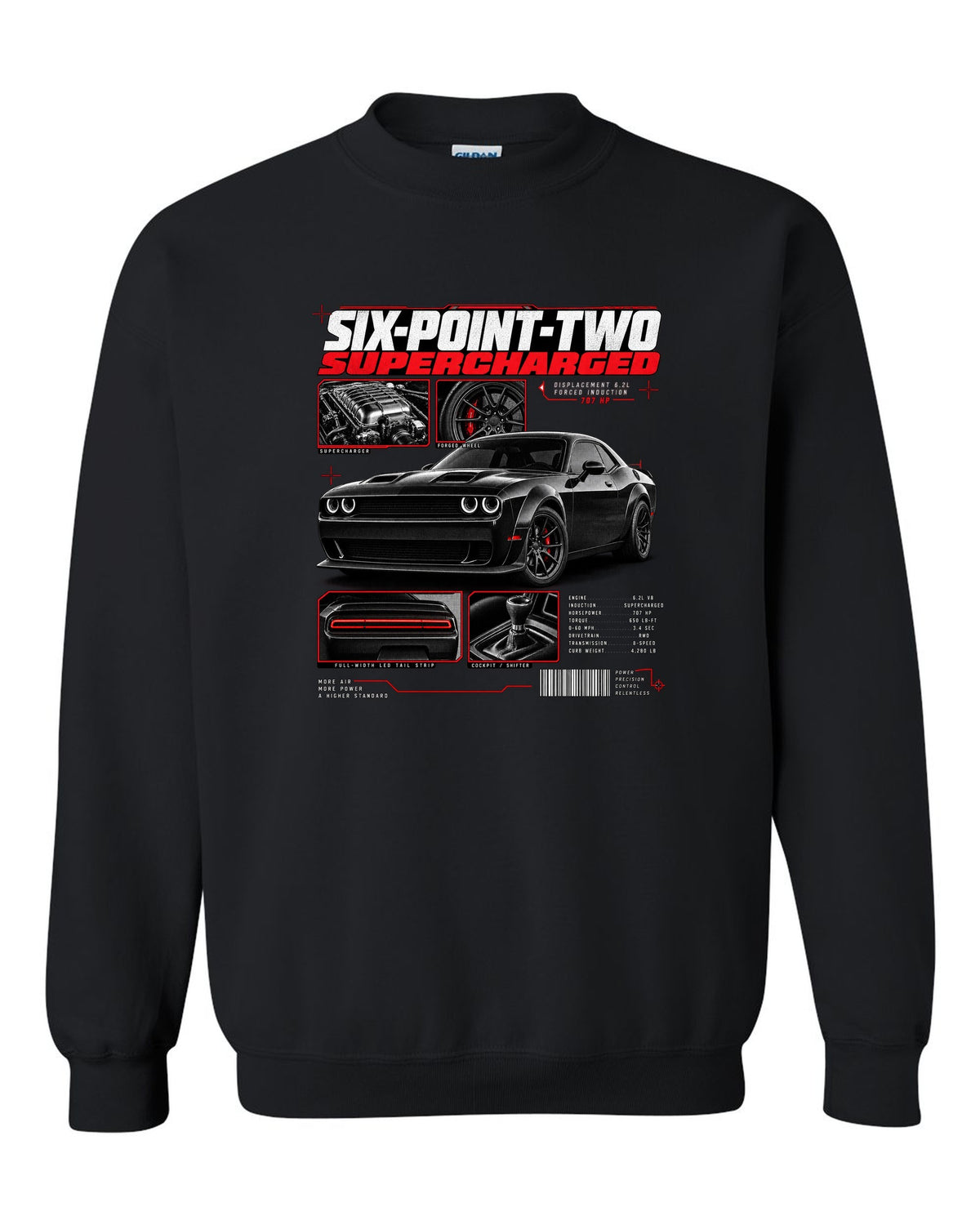 Dossier panel print of a 2018 Dodge Challenger LC/LA with 6.2 supercharged and 707 HP text black crewneck front view with the design
