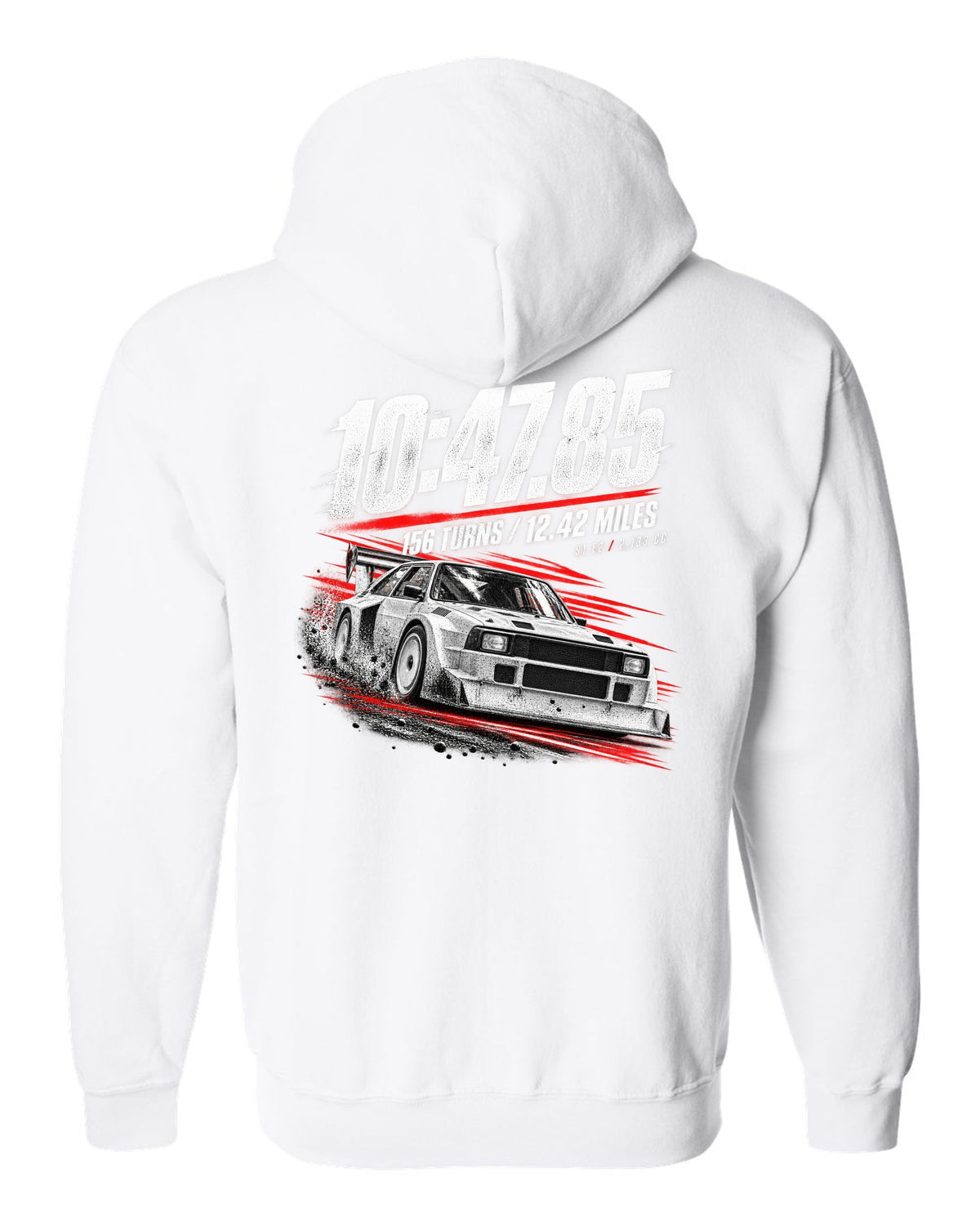 Race poster print of an Audi Sport Quattro S1 E2 with hill climb numbers white zip hoodie back view with the design