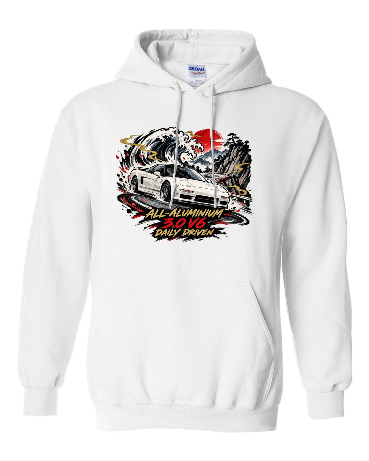 Sumi-e ink wave style print of a Honda NSX NA1 with all-aluminium 3.0 V6 daily driven text white pull over hoodie front view with the design
