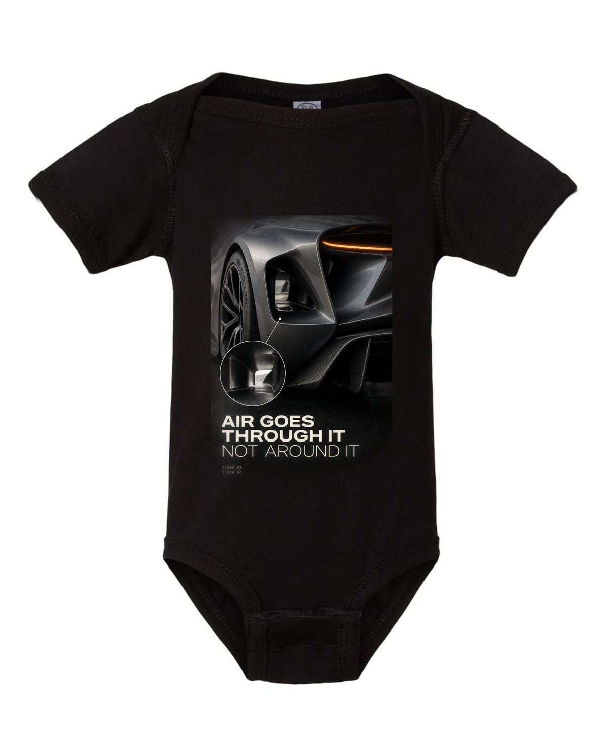 Lotus Evija rear three-quarter tunnel macro print with air goes through it text black baby onesie front view with the design
