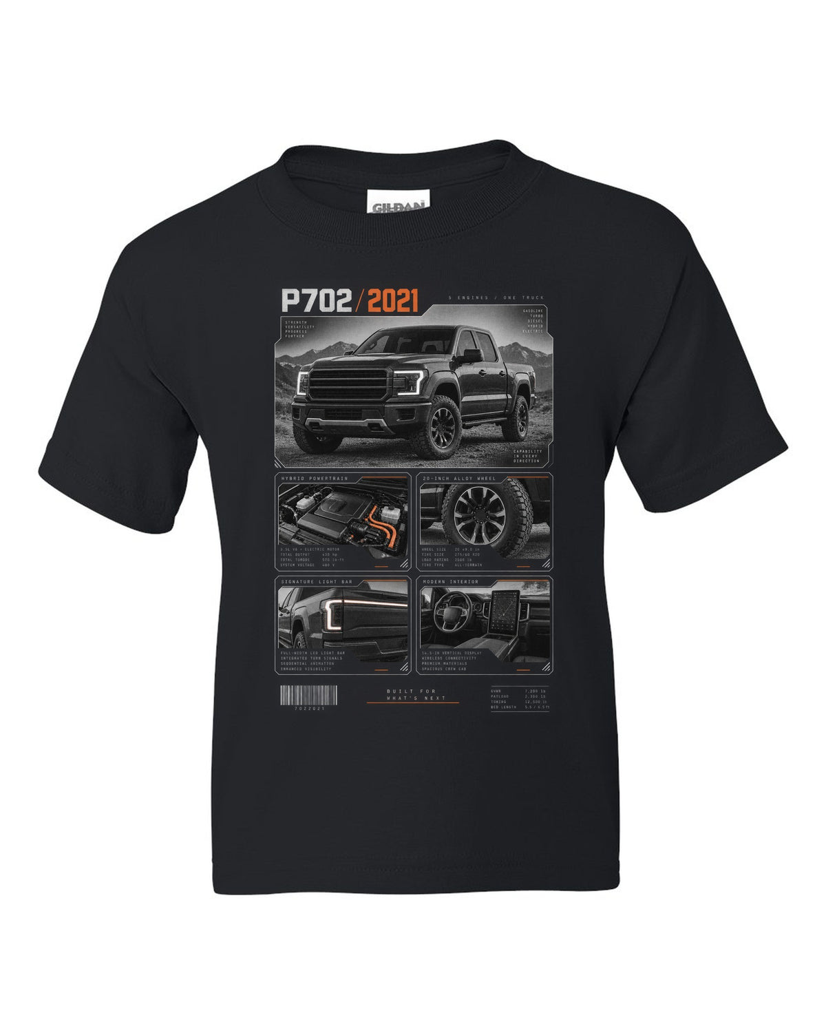 Dossier panel print of a 2021 Ford F-150 P702 light bar with five engines text black kids tee front view with the design