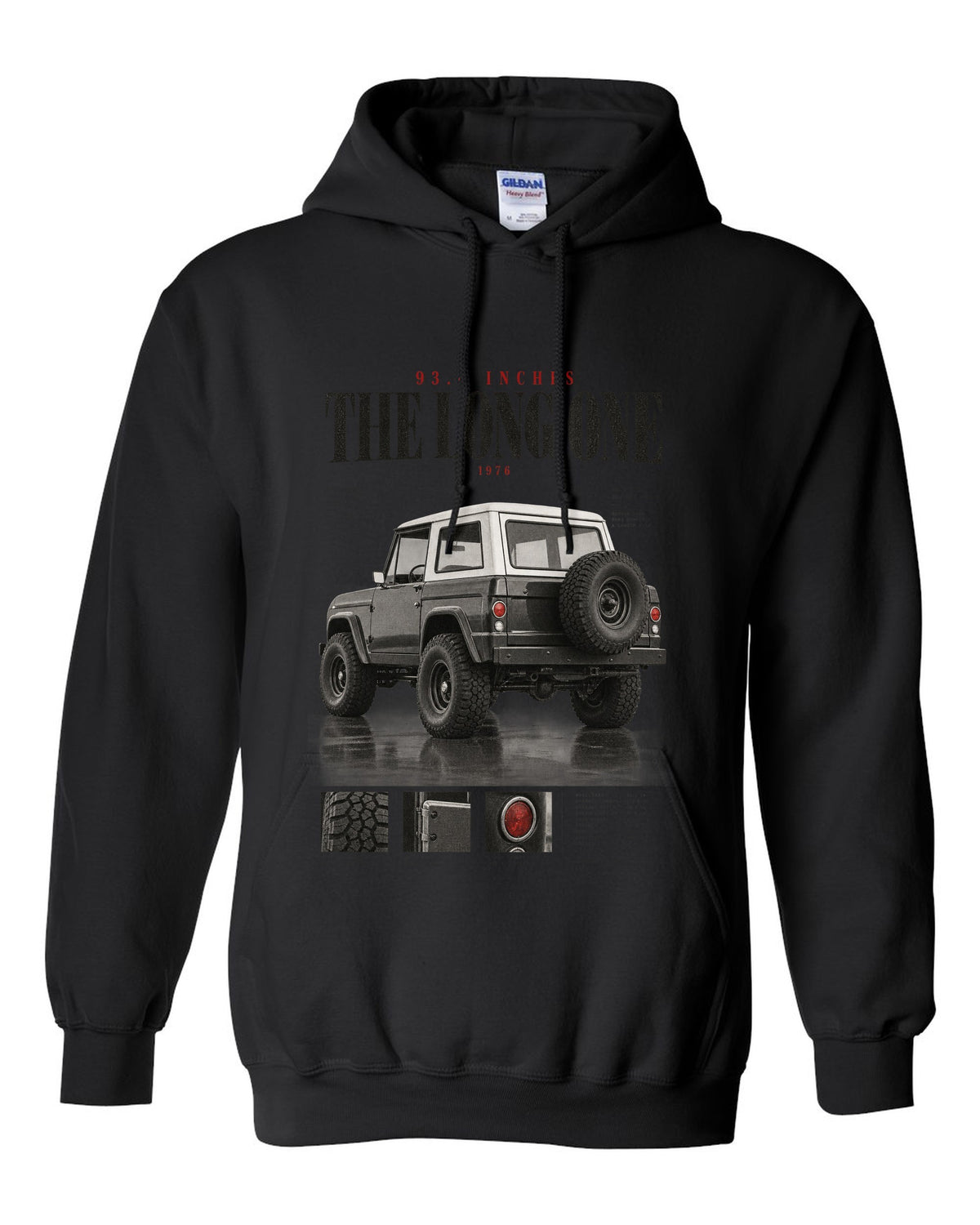 Editorial headline print for the Jeep CJ-7, 93.4 Inches The Long One black pull over hoodie front view with the design