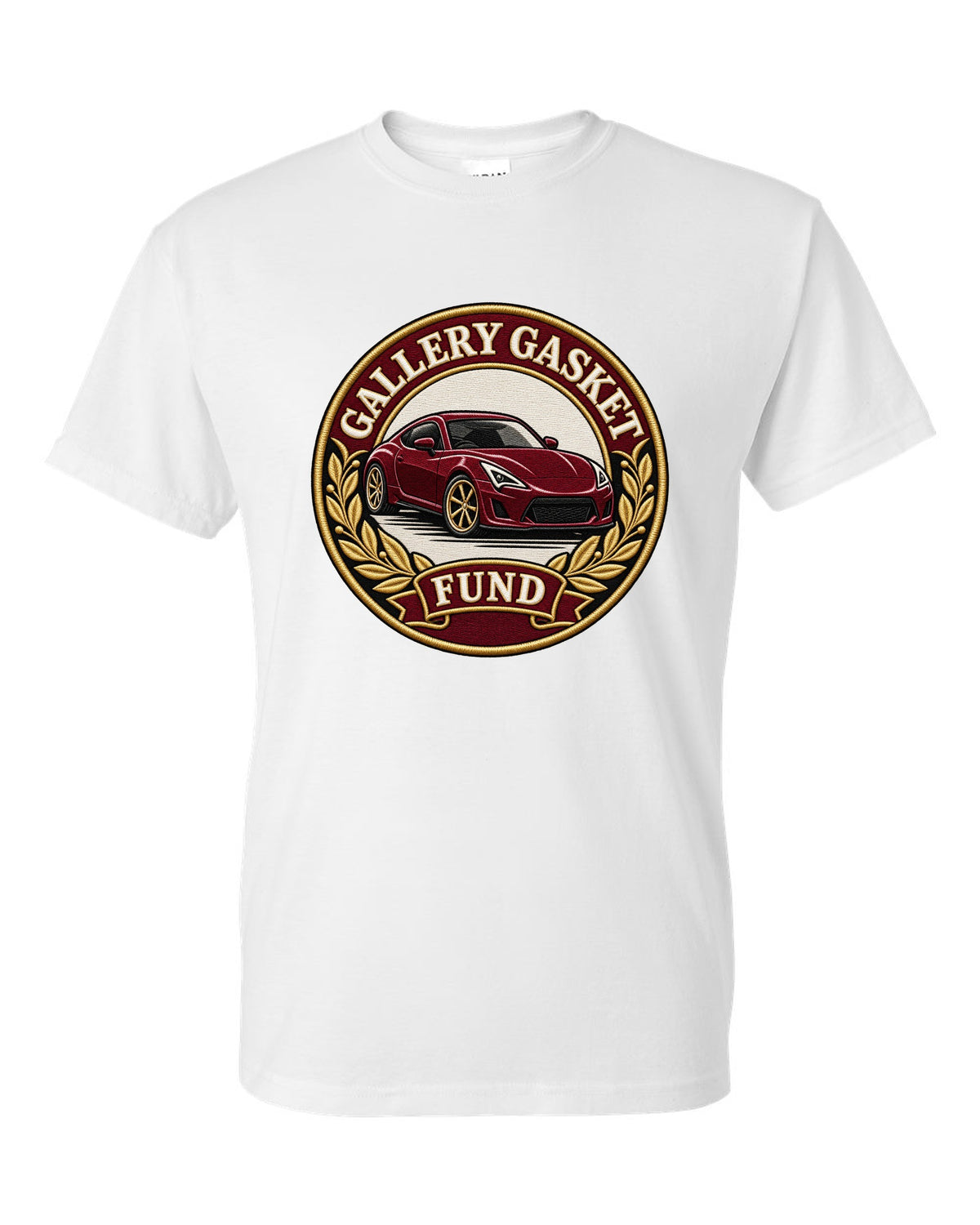Round crest print for a Nissan 350Z Z33 with gallery gasket fund text white t-shirt front view with the design