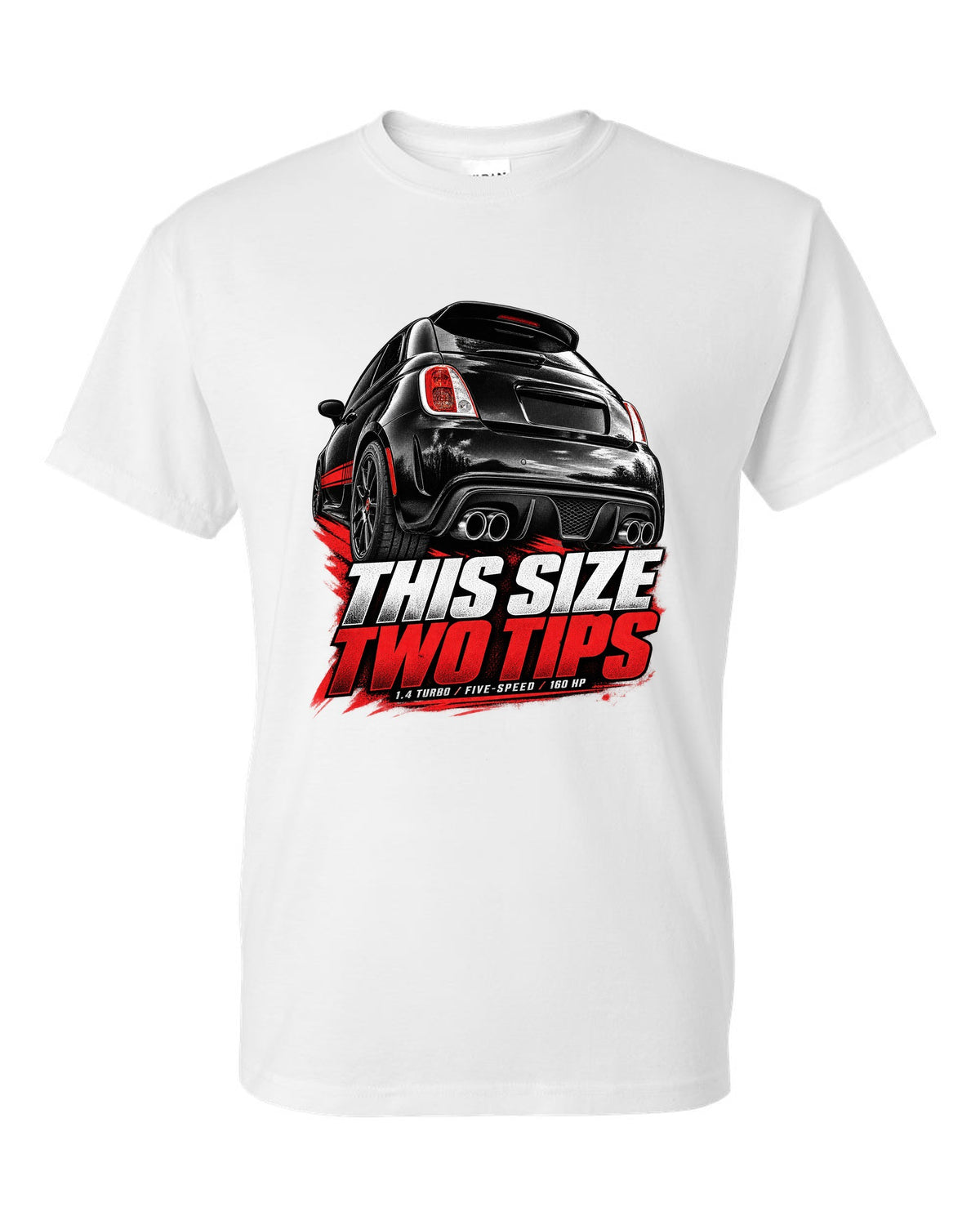 Low rear crop of a US Fiat 500 Abarth exhaust and diffuser on a print white t-shirt front view with the design
