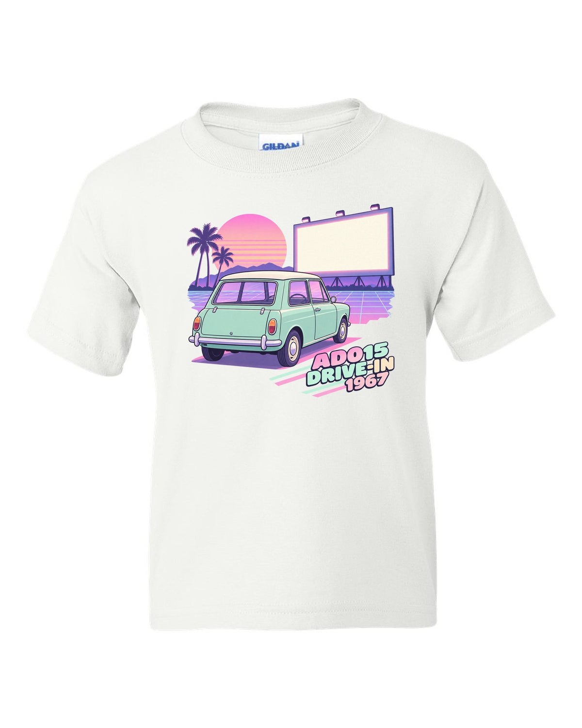 Pastel vaporwave drive-in scene with a 1967 classic Mini Cooper ADO15 white kids tee front view with the design