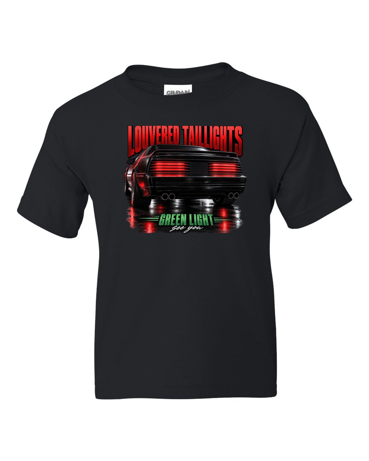 Macro print of a louvered Fox Body Mustang GT taillight, 1987-93 black kids tee front view with the design