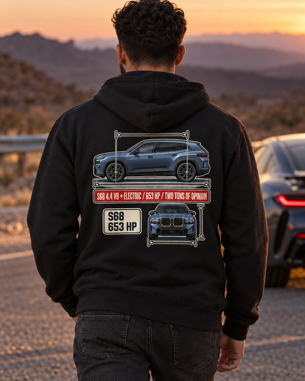 BMW XM G09 Dimension Blueprint Tee, S68 V8 Plug-In SUV Zip Hoodie Black worn hero
