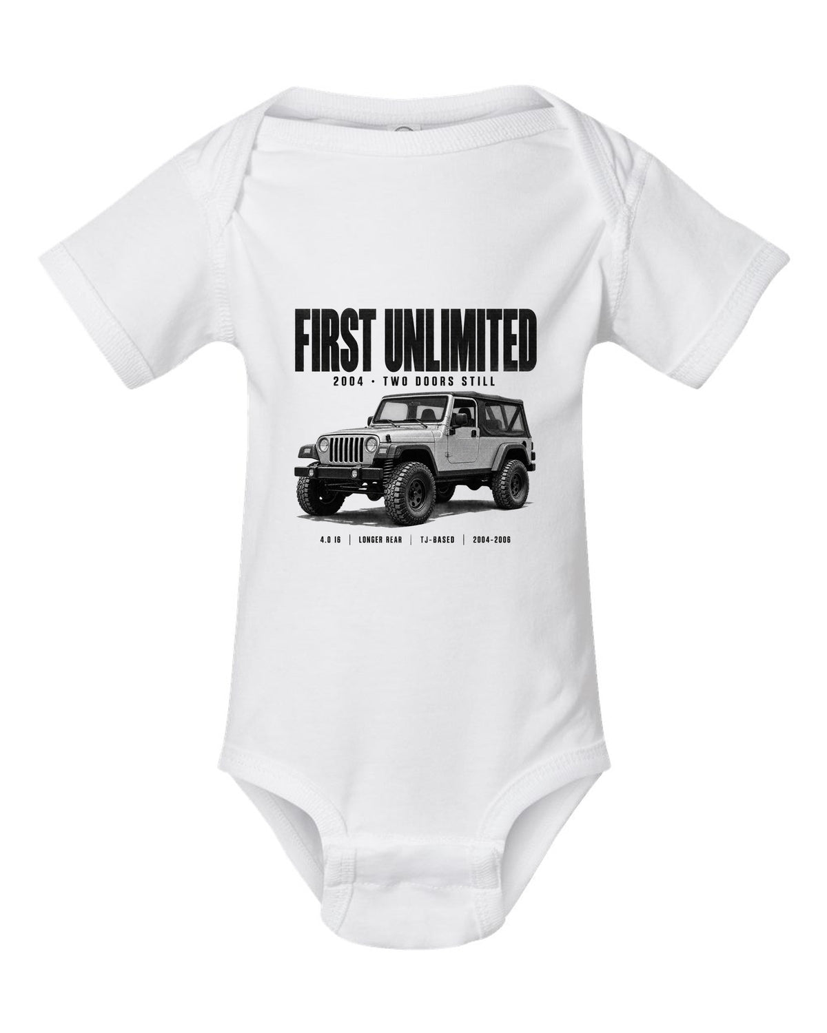 Halftone print for the Jeep Wrangler LJ Unlimited, First Unlimited 2004 white baby onesie front view with the design